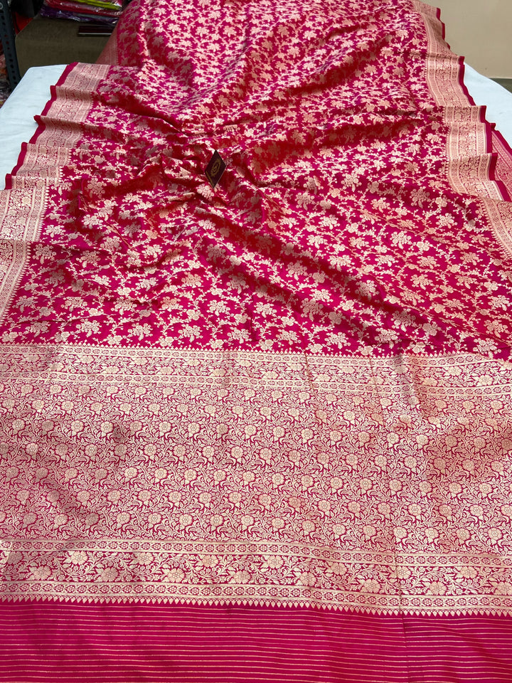 Hot Pink Pure Katan Silk Handloom Saree with Golden Floral Jaal