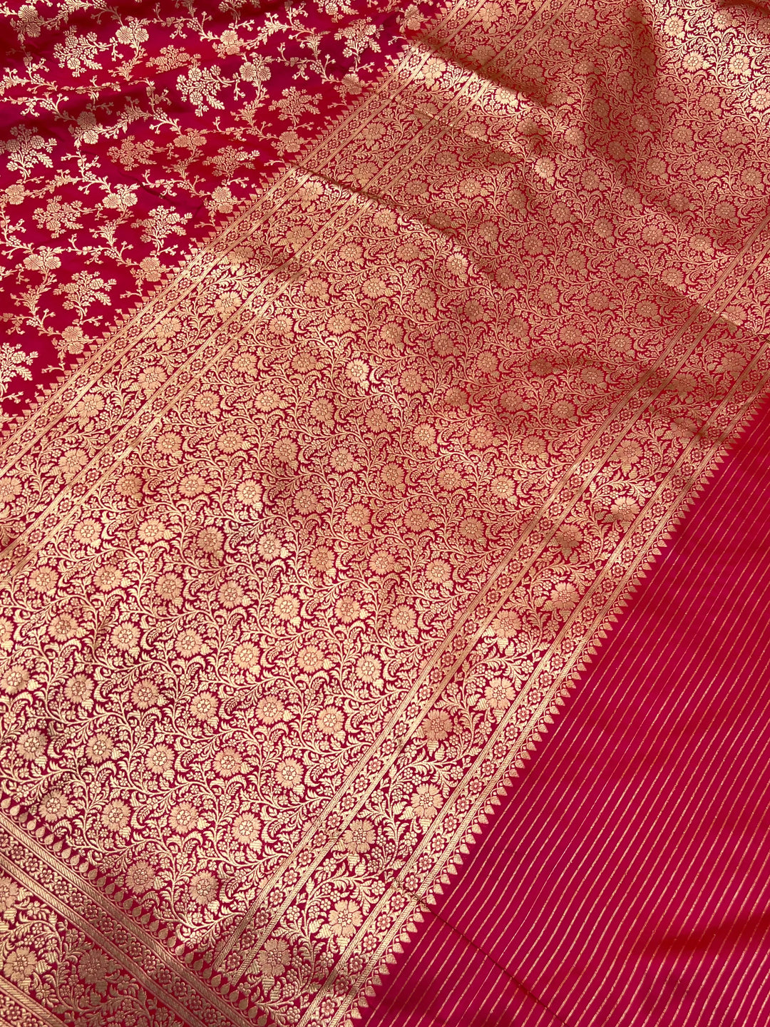 Hot Pink Pure Katan Silk Handloom Saree with Golden Floral Jaal