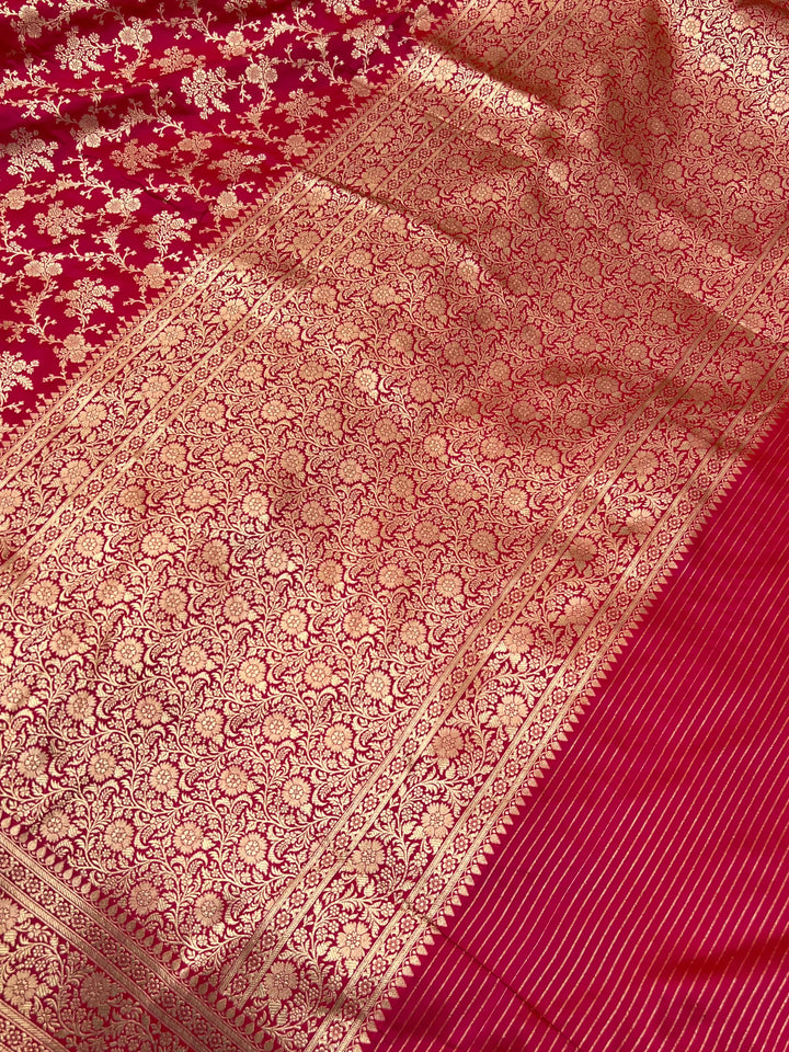 Hot Pink Pure Katan Silk Handloom Saree with Golden Floral Jaal
