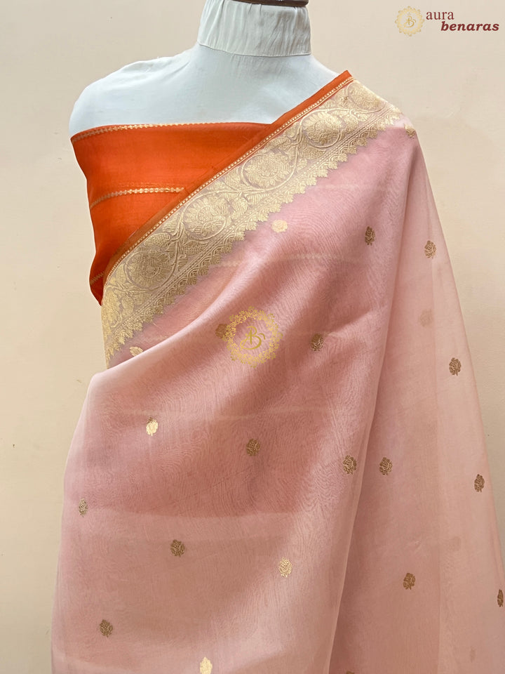 Pastel Peach Banarasi Handloom Kora Silk Saree