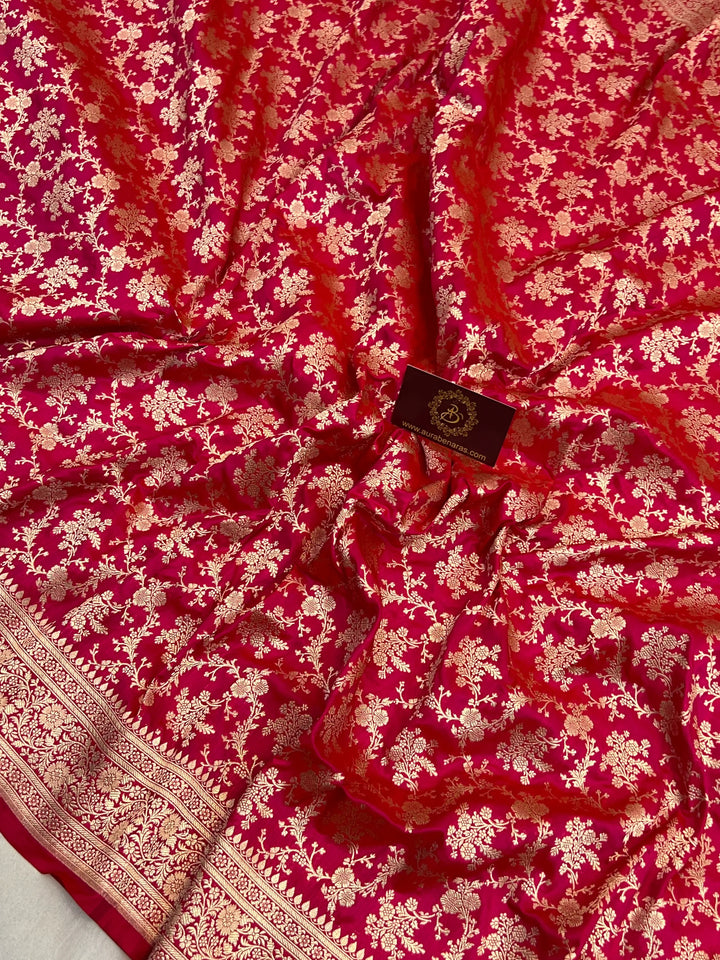 Hot Pink Pure Katan Silk Handloom Saree with Golden Floral Jaal