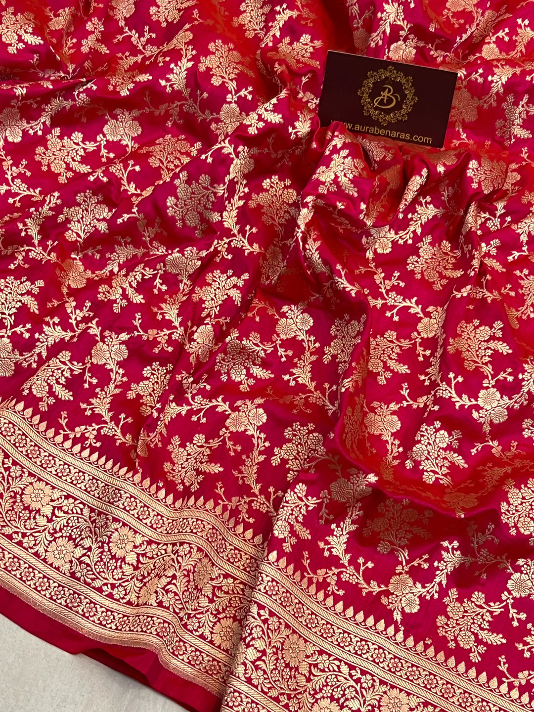 Hot Pink Pure Katan Silk Handloom Saree with Golden Floral Jaal