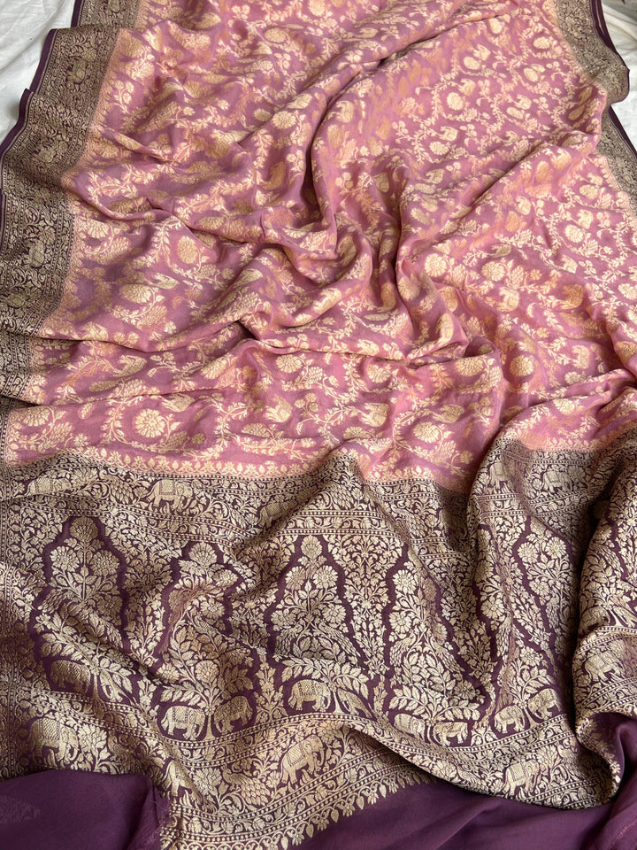 Pastel Pink Banarasi Handloom Pure Khaddi Georgette Saree - Aura Benaras