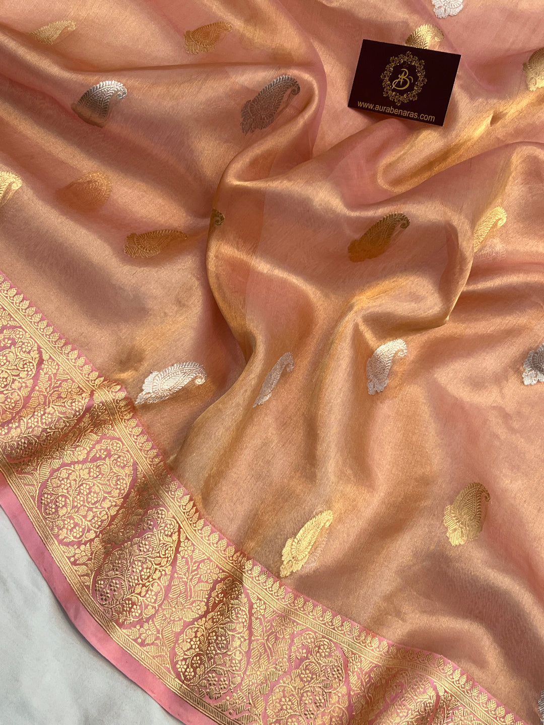 peach Pure Tissue Silk Handloom Banarasi Saree