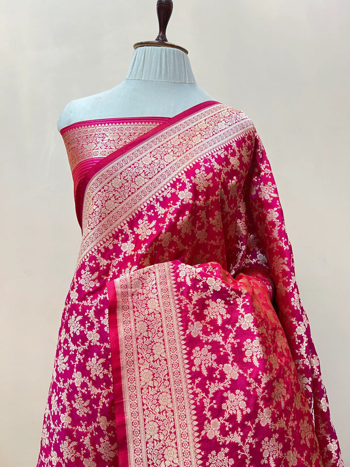 Hot Pink Pure Katan Silk Handloom Saree with Golden Floral Jaal