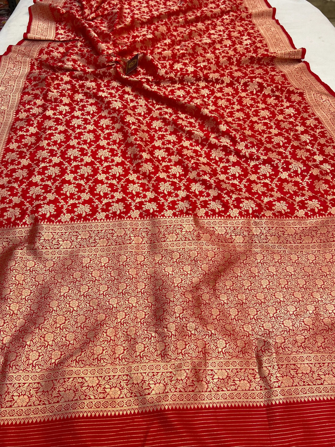 Red Pure Katan Silk Handloom Saree with Golden Floral Jaal