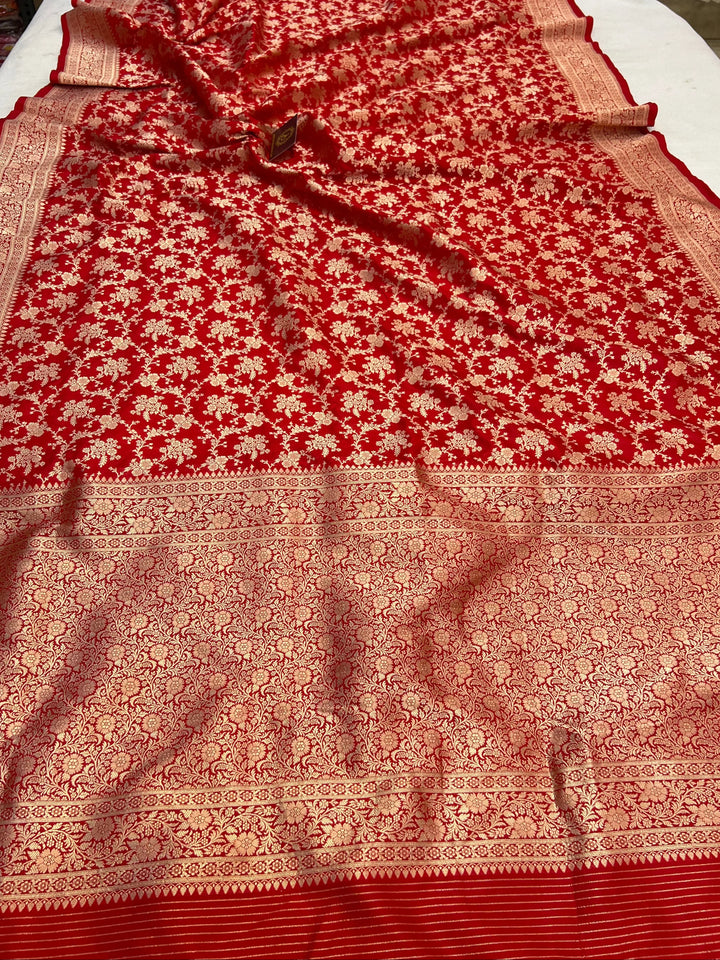 Red Pure Katan Silk Handloom Saree with Golden Floral Jaal