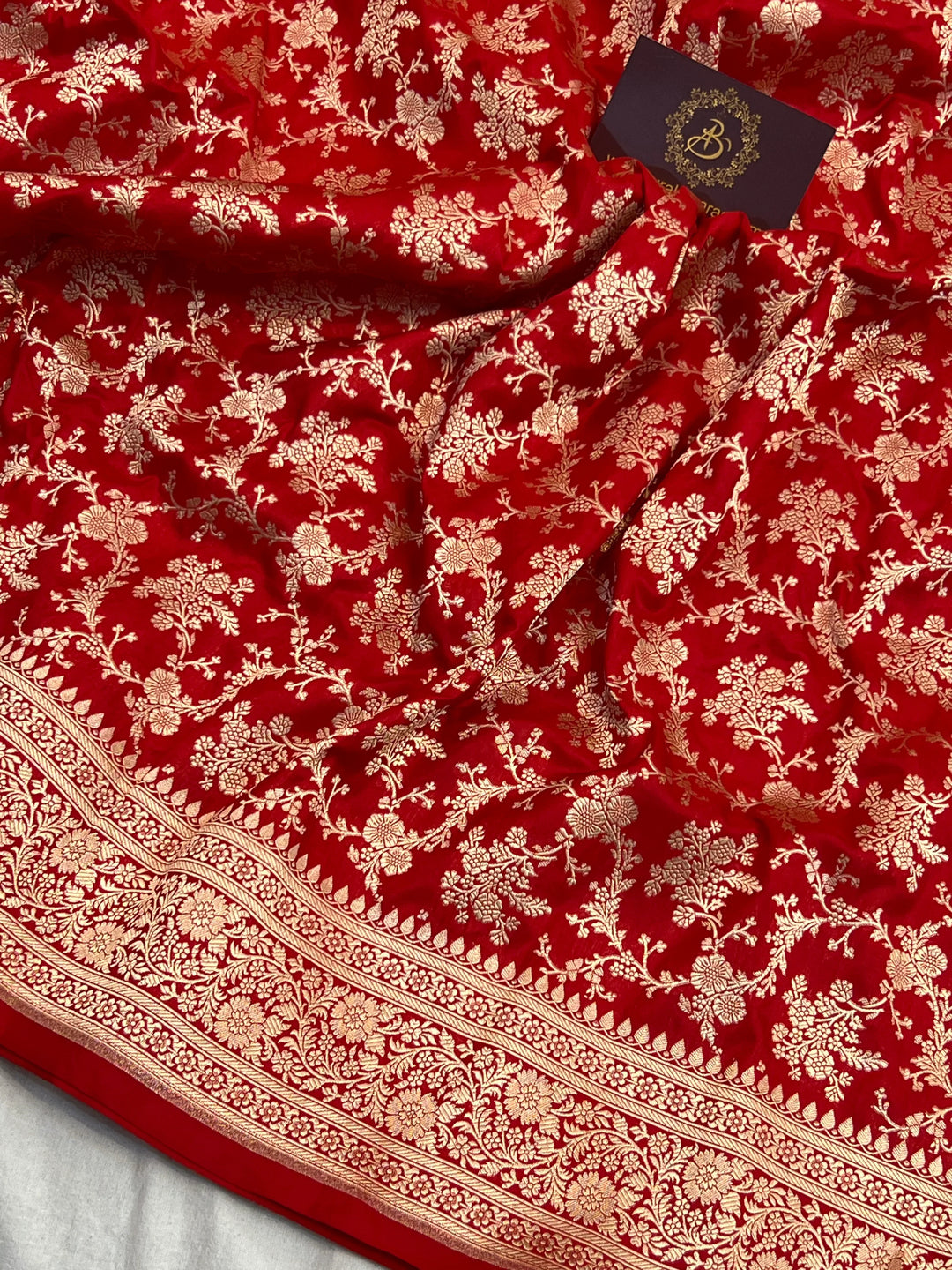 Red Pure Katan Silk Handloom Saree with Golden Floral Jaal