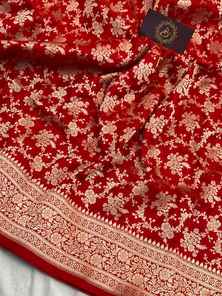 Red Pure Katan Silk Handloom Saree with Golden Floral Jaal