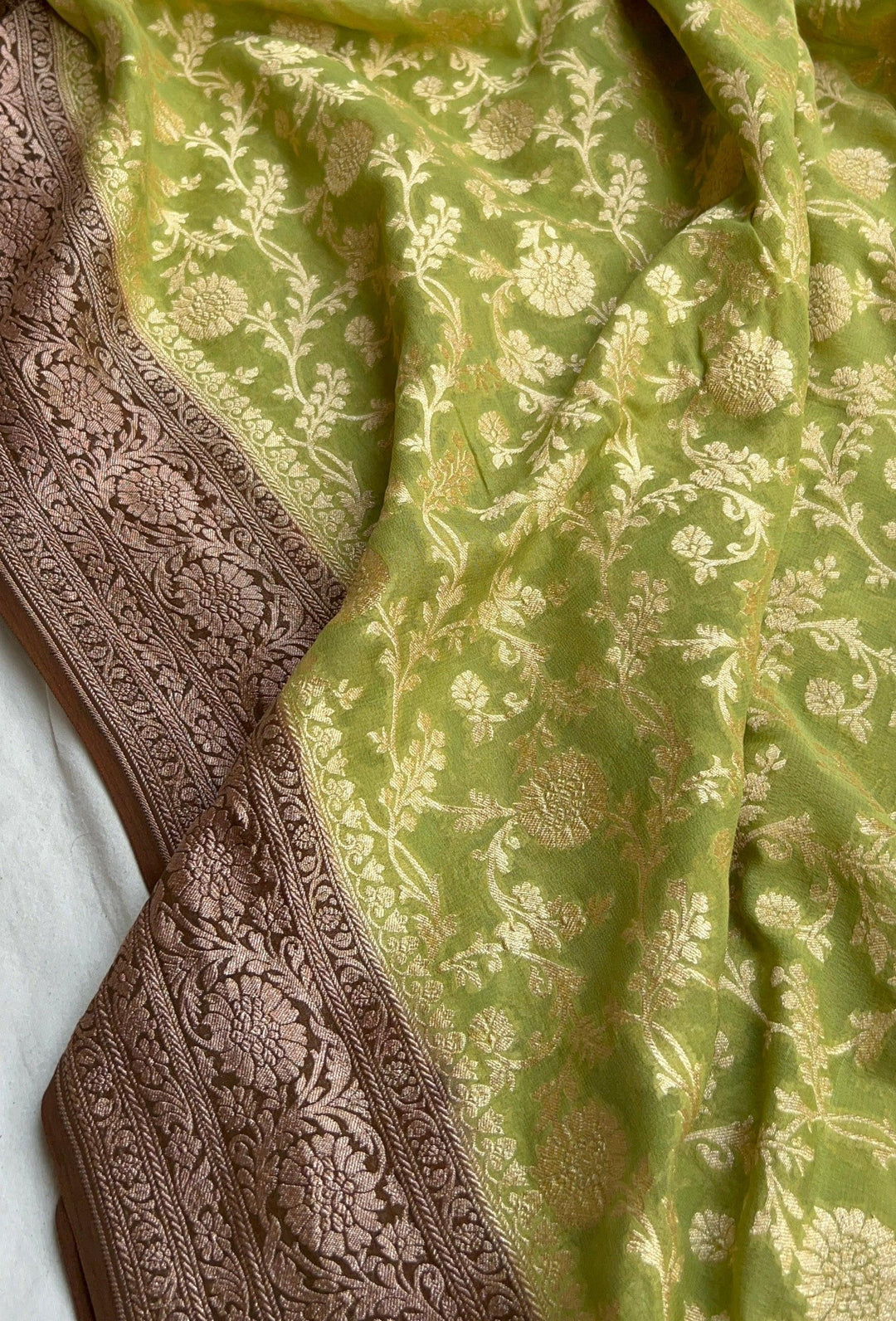 Parrot Green Banarasi Handloom Pure Khaddi Georgette Saree - Aura Benaras