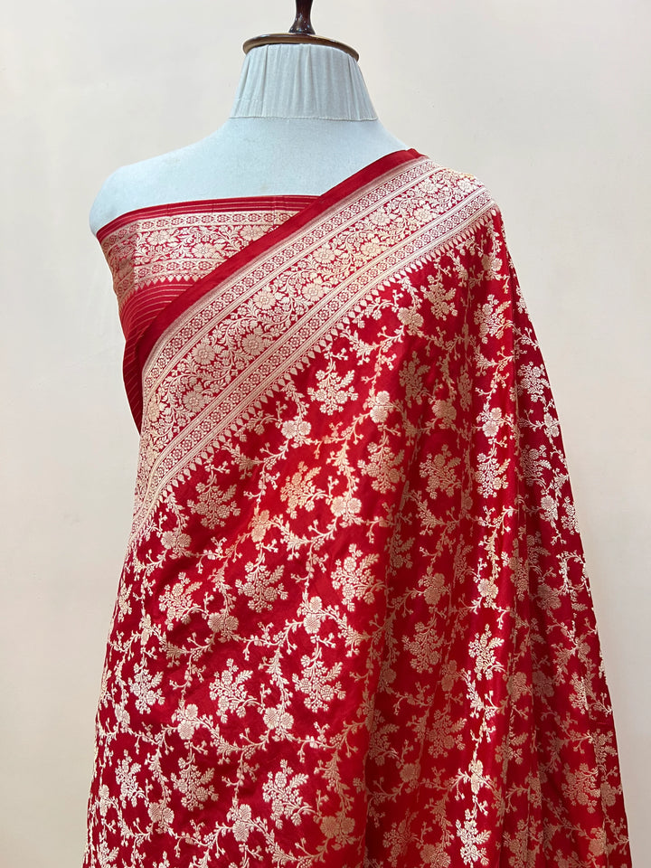 Red Pure Katan Silk Handloom Saree with Golden Floral Jaal