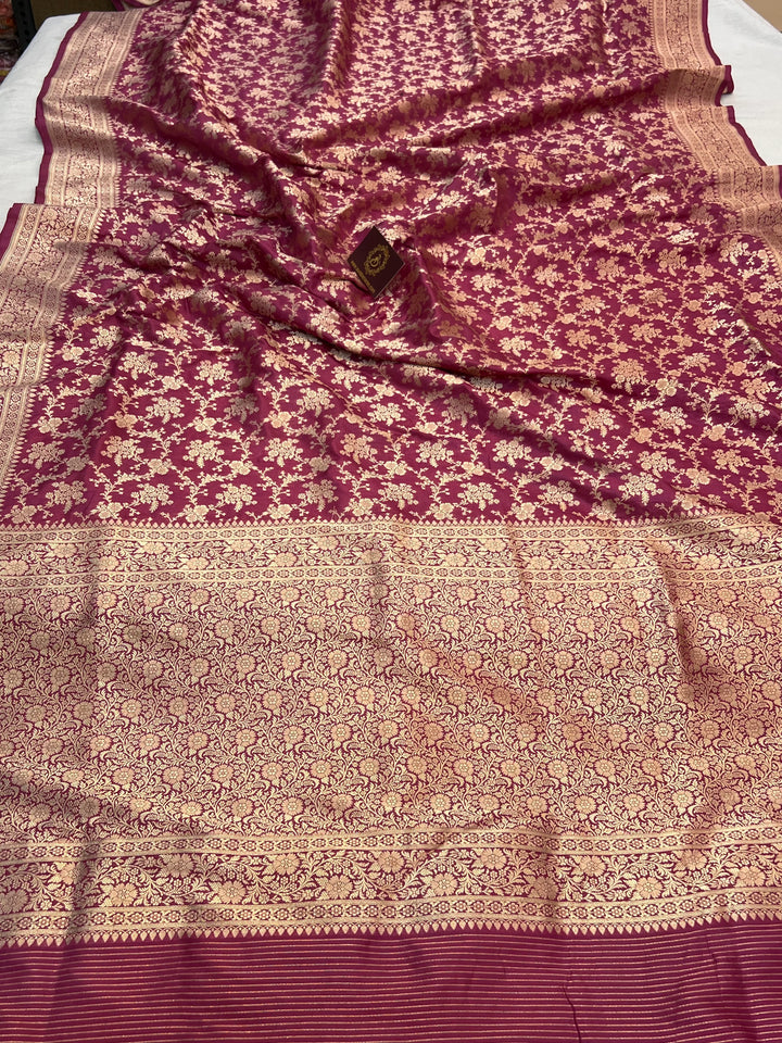 Onion Pink Pure Katan Silk Handloom Saree with Golden Floral Jaal