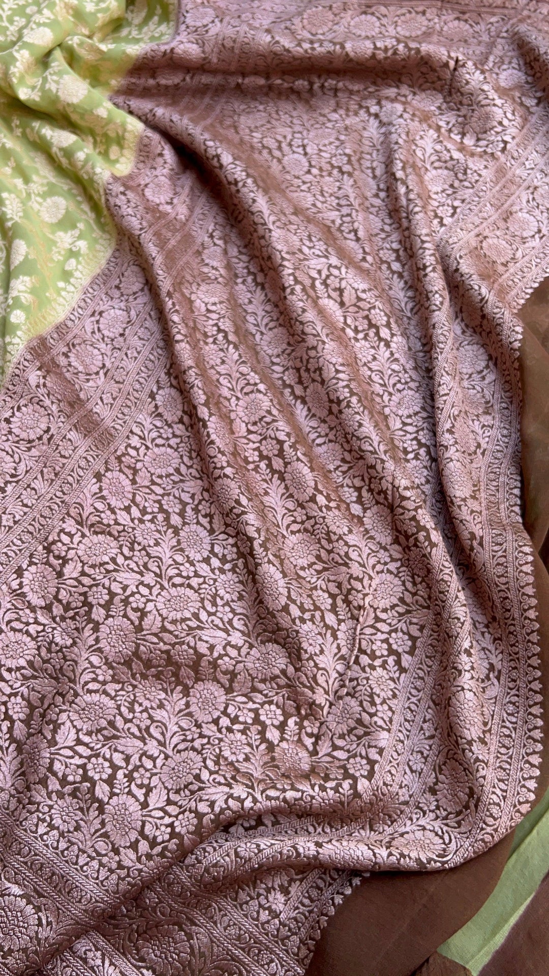 Parrot Green Banarasi Handloom Pure Khaddi Georgette Saree - Aura Benaras