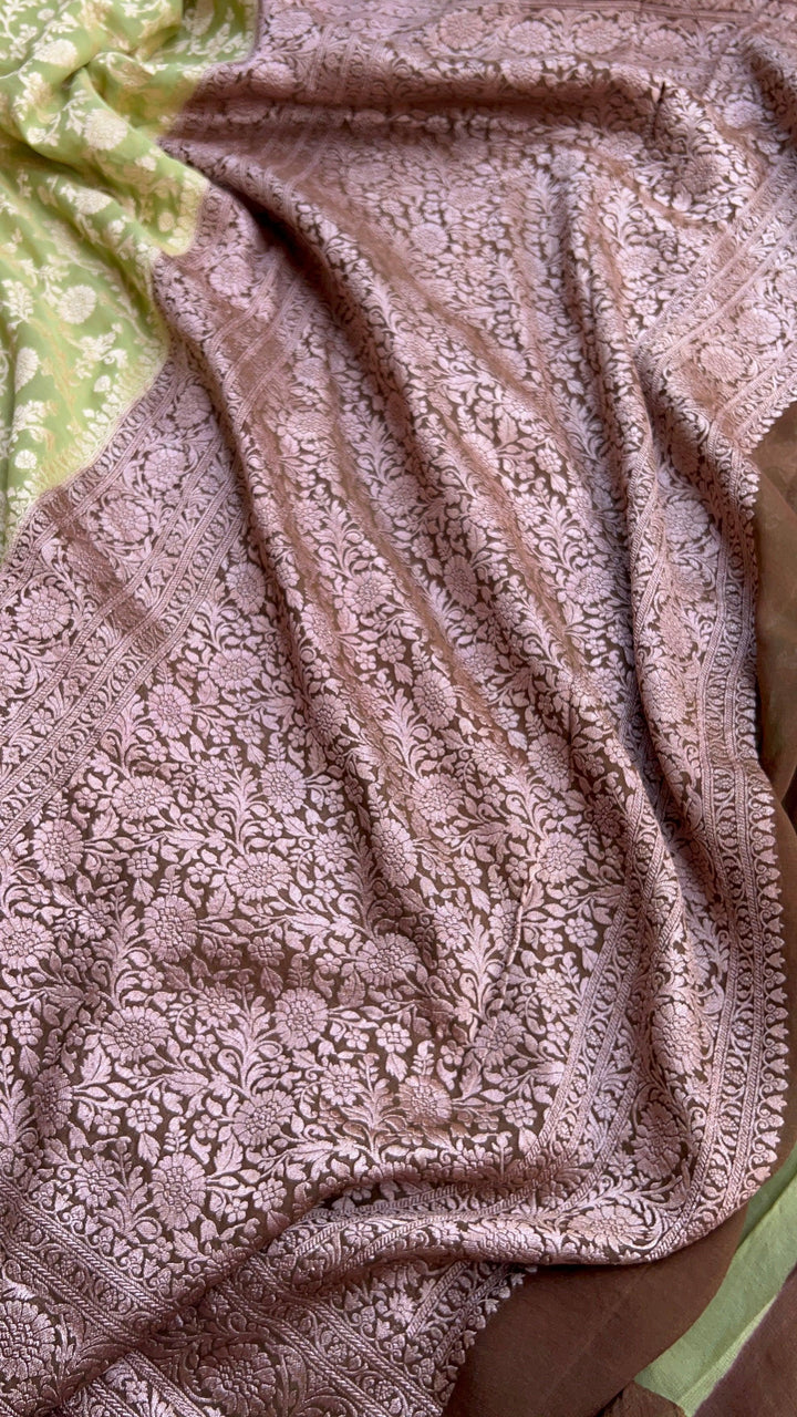 Parrot Green Banarasi Handloom Pure Khaddi Georgette Saree - Aura Benaras