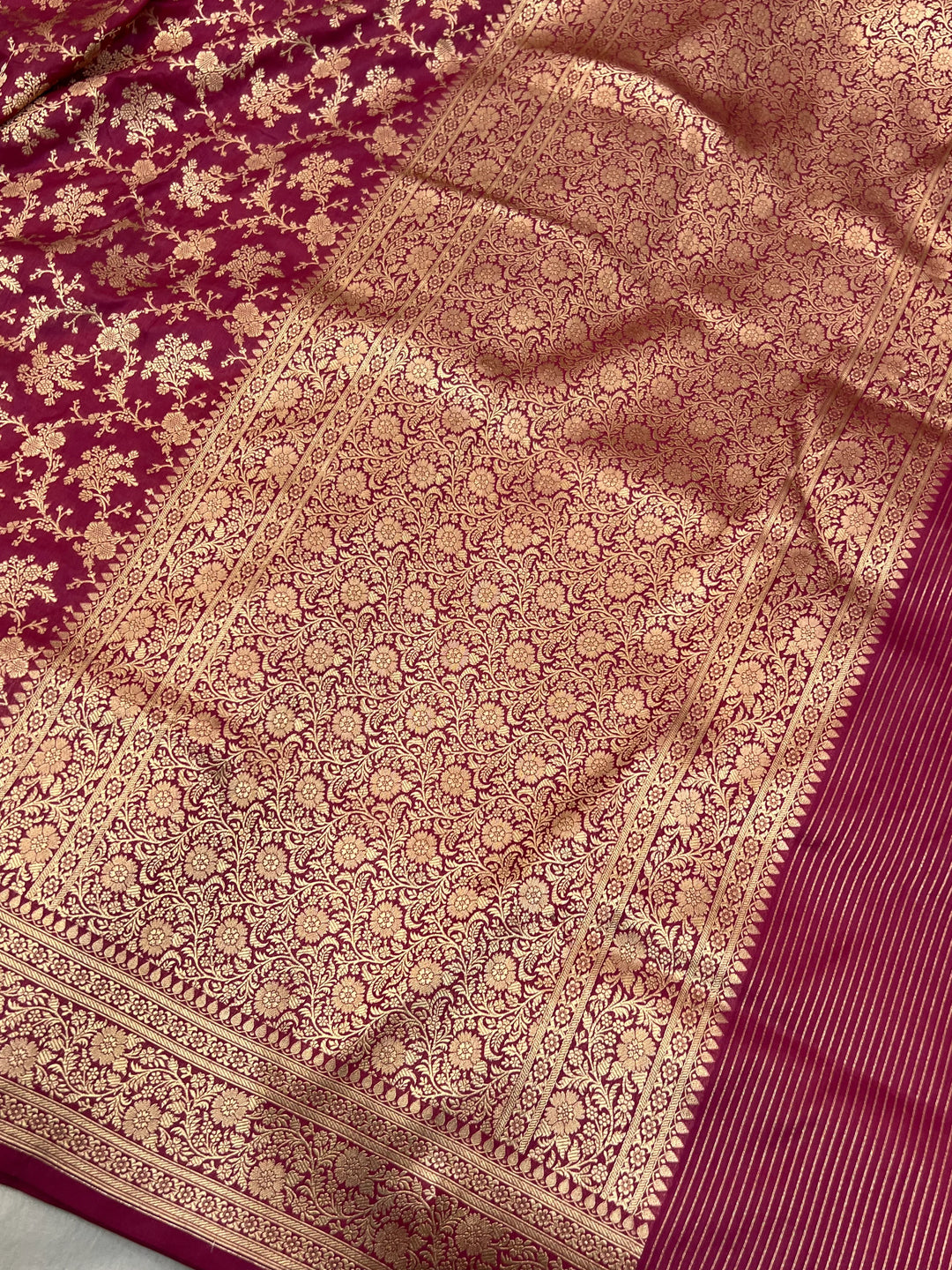Onion Pink Pure Katan Silk Handloom Saree with Golden Floral Jaal