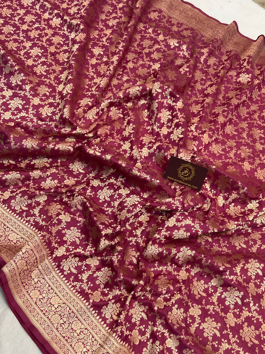 Onion Pink Pure Katan Silk Handloom Saree with Golden Floral Jaal