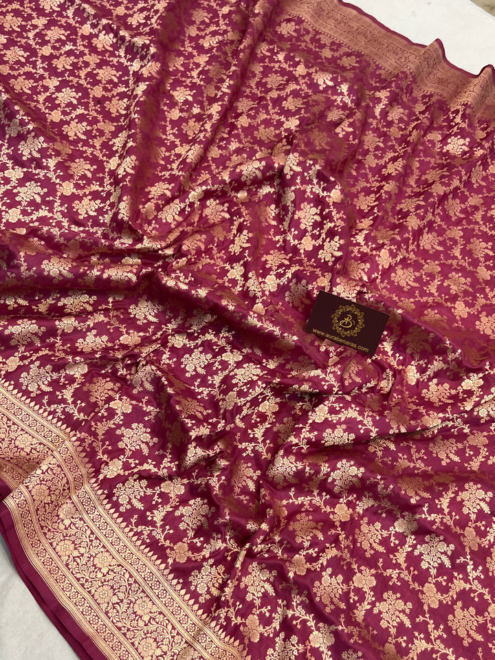 Onion Pink Pure Katan Silk Handloom Saree with Golden Floral Jaal