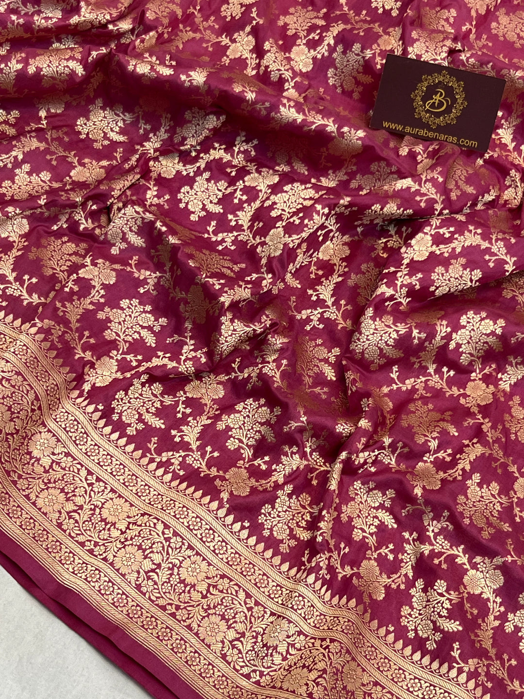 Onion Pink Pure Katan Silk Handloom Saree with Golden Floral Jaal