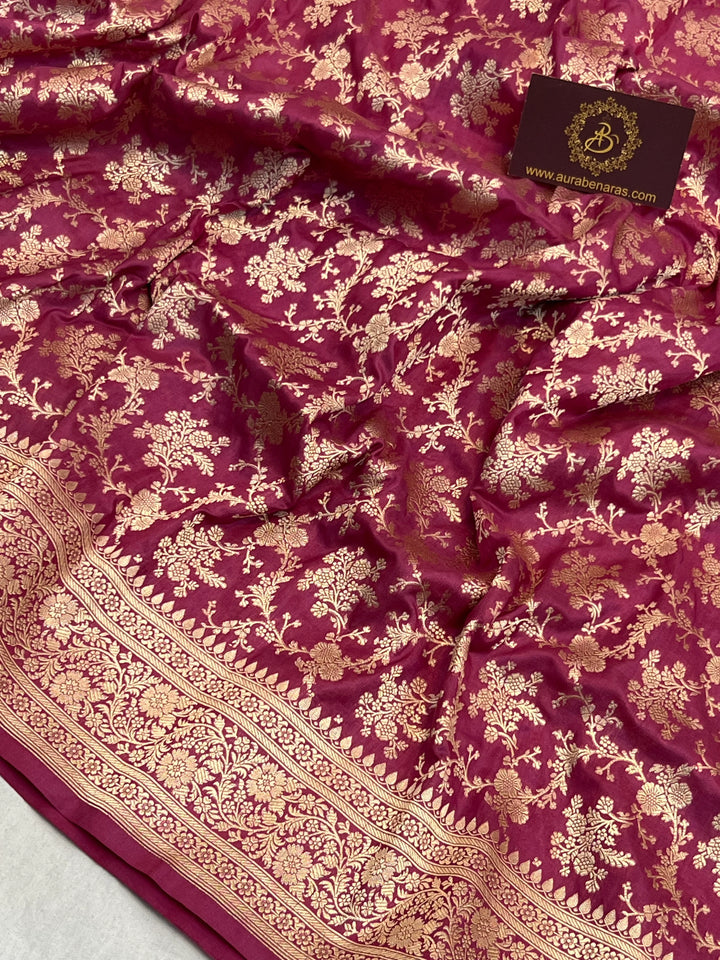 Onion Pink Pure Katan Silk Handloom Saree with Golden Floral Jaal