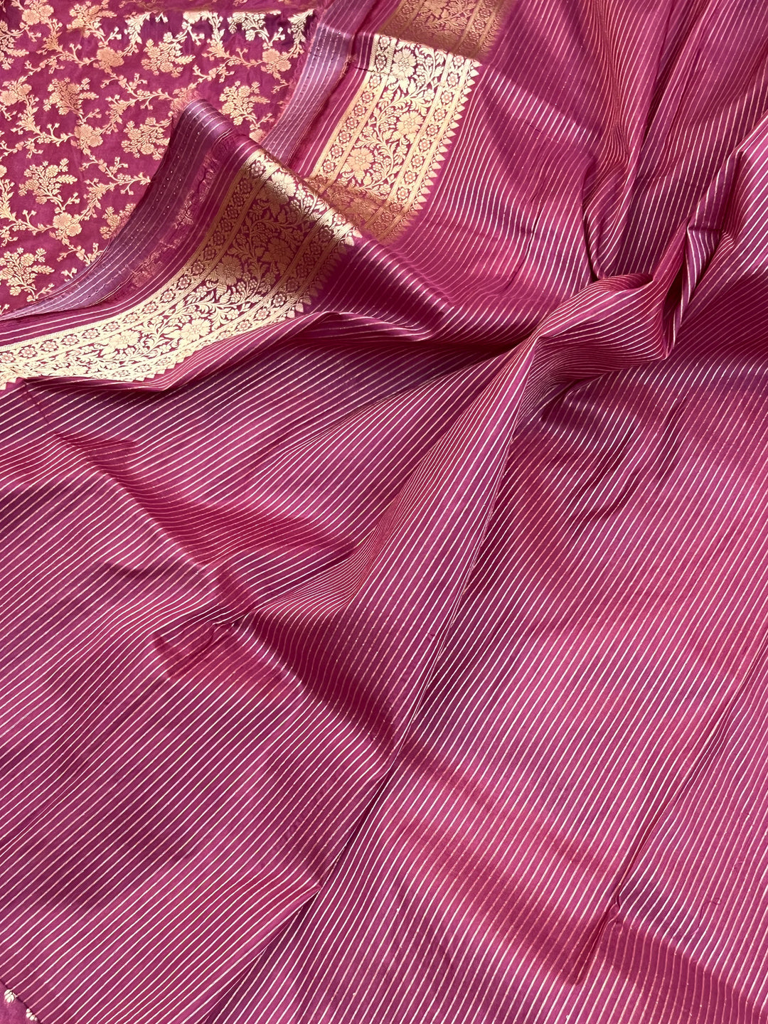 Onion Pink Pure Katan Silk Handloom Saree with Golden Floral Jaal