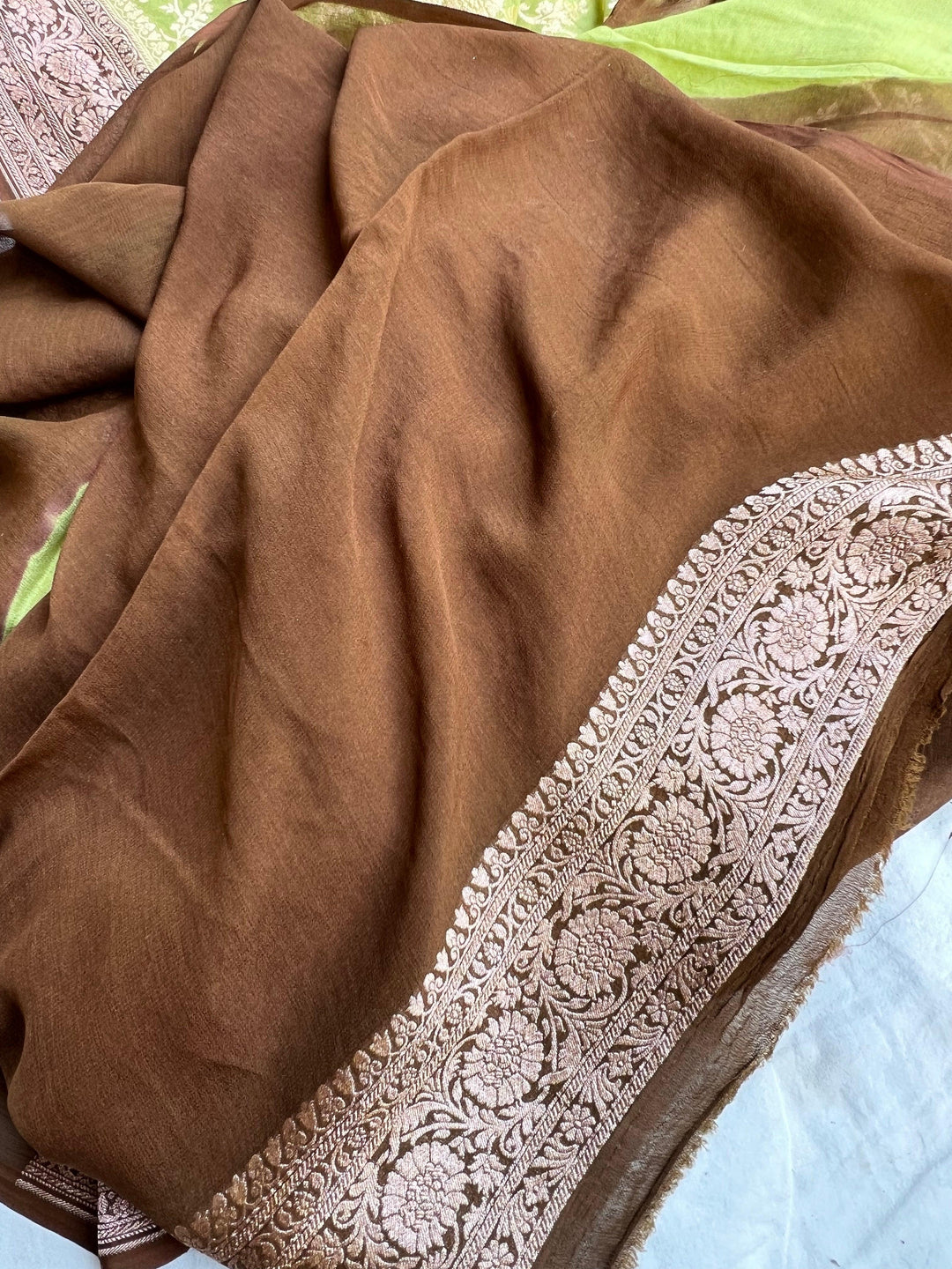 Parrot Green Banarasi Handloom Pure Khaddi Georgette Saree - Aura Benaras