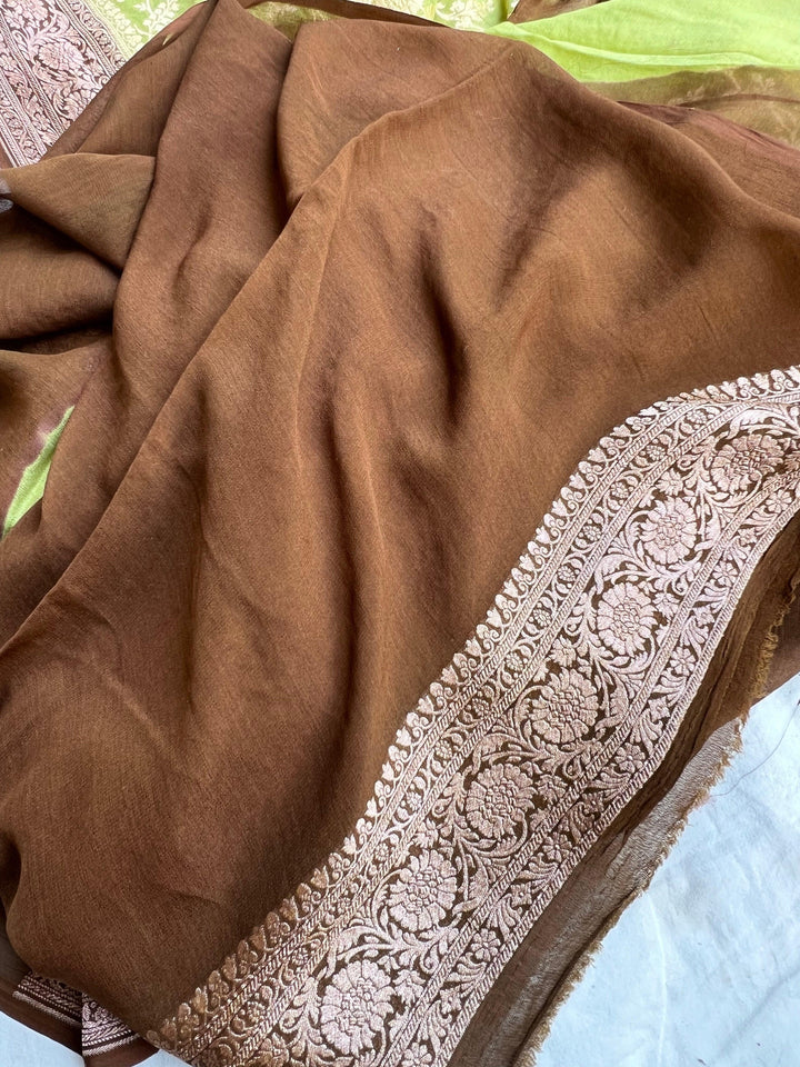 Parrot Green Banarasi Handloom Pure Khaddi Georgette Saree - Aura Benaras