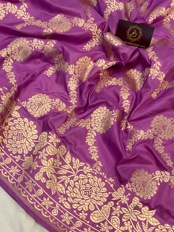 Pinkish Lavender Pure Banarasi Handloom Katan Silk Saree - Aura Benaras