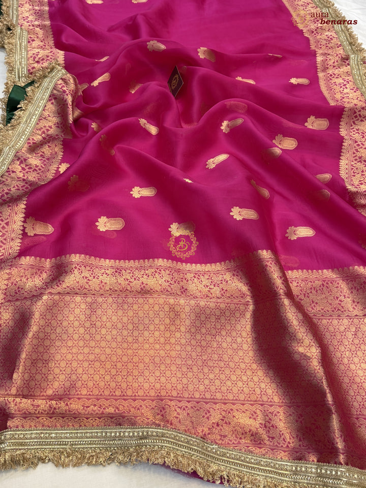 Rani Pink Pure Kora Silk Banarasi Saree with Sona Rupa Zari 