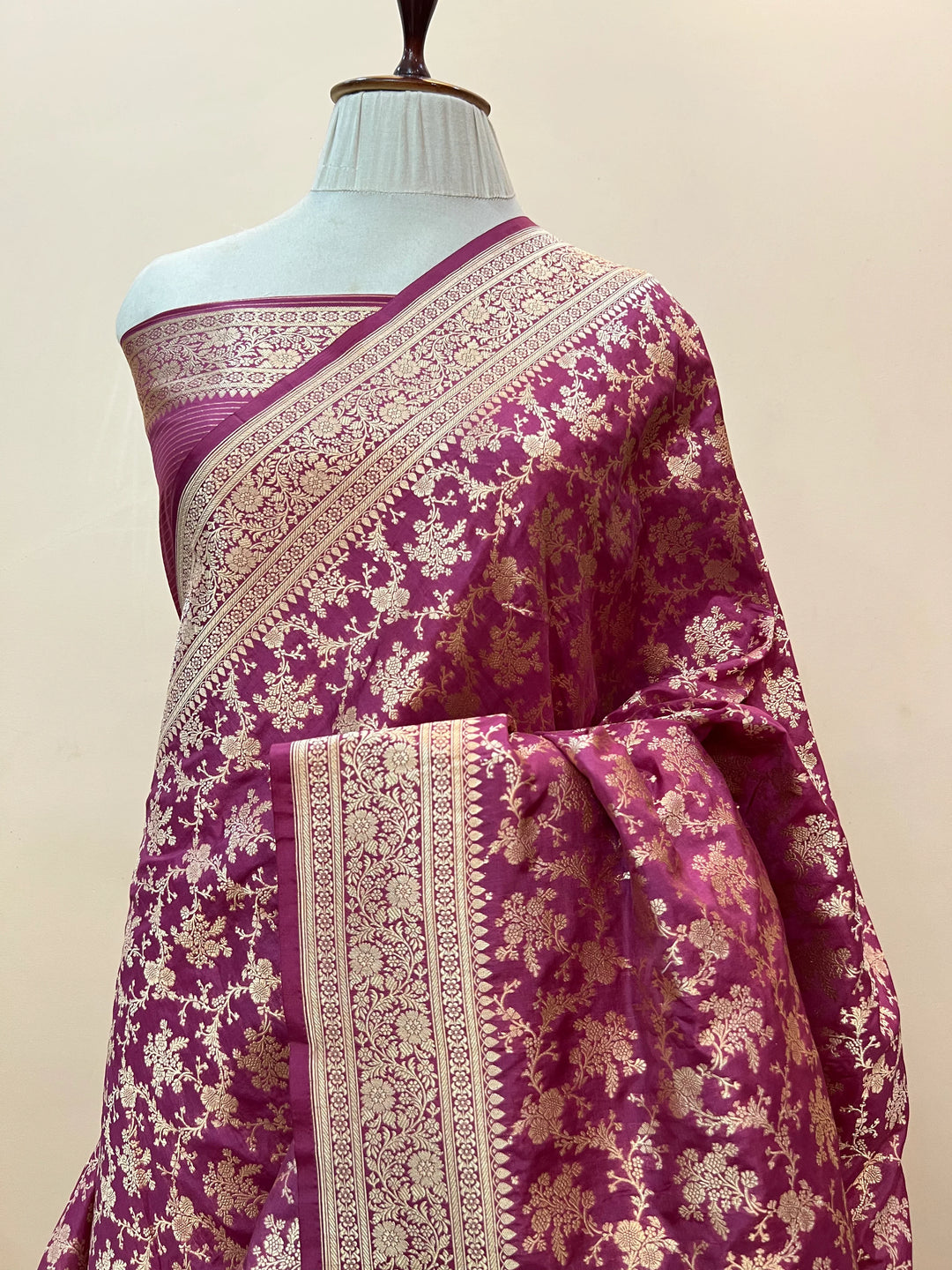 Onion Pink Pure Katan Silk Handloom Saree with Golden Floral Jaal