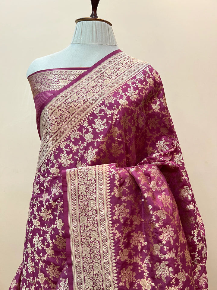 Onion Pink Pure Katan Silk Handloom Saree with Golden Floral Jaal