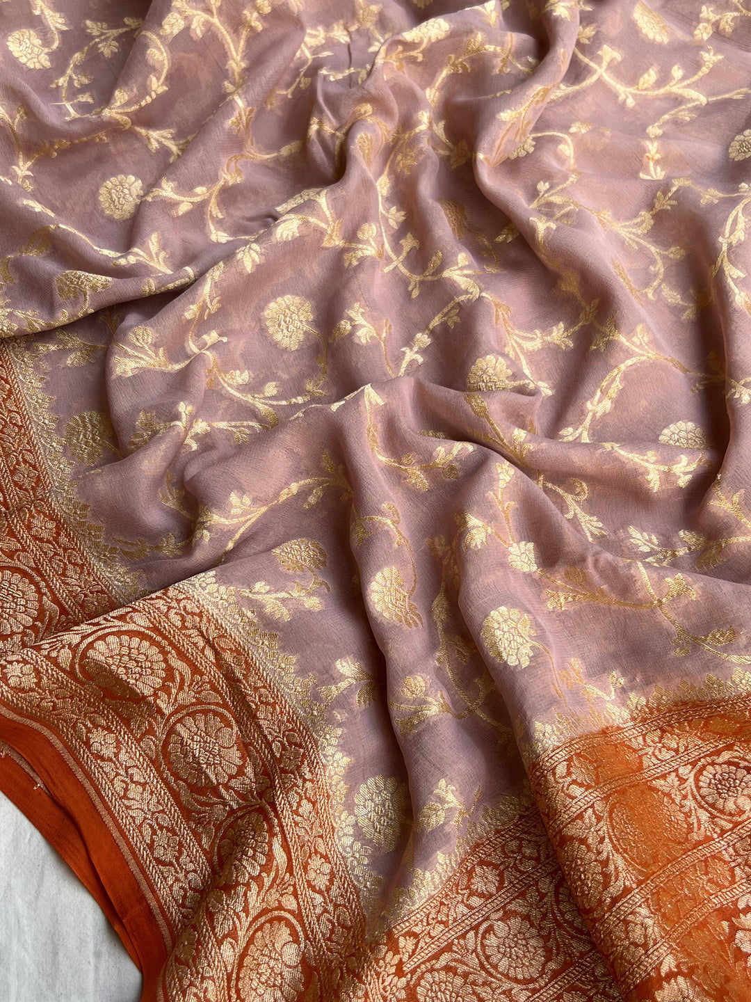 Dusty Peach Banarasi Handloom Pure Khaddi Georgette Saree - Aura Benaras