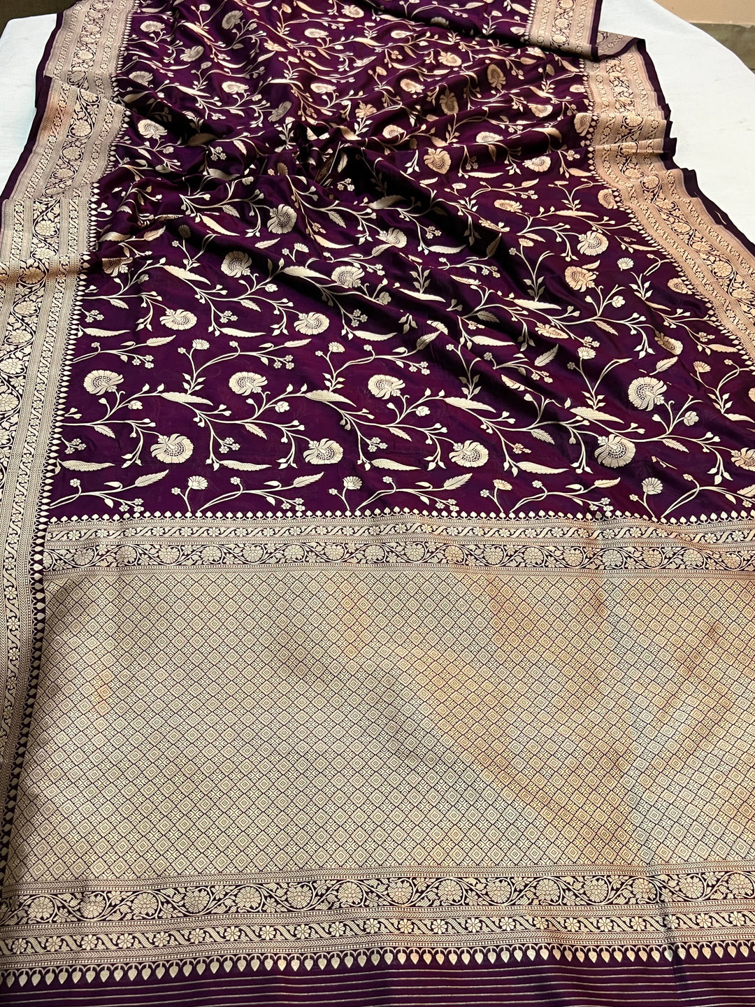 WIne Pure Katan Silk Handloom Saree with Golden Floral Jaal