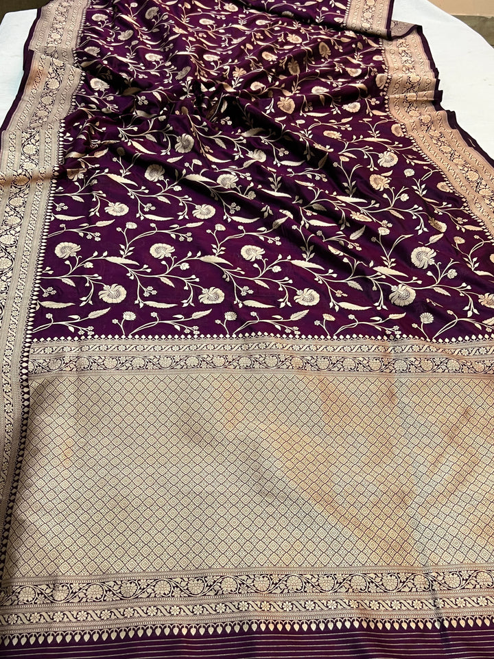 WIne Pure Katan Silk Handloom Saree with Golden Floral Jaal
