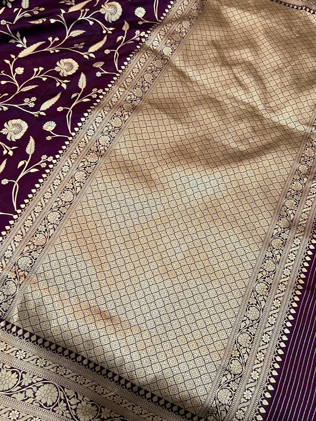 WIne Pure Katan Silk Handloom Saree with Golden Floral Jaal