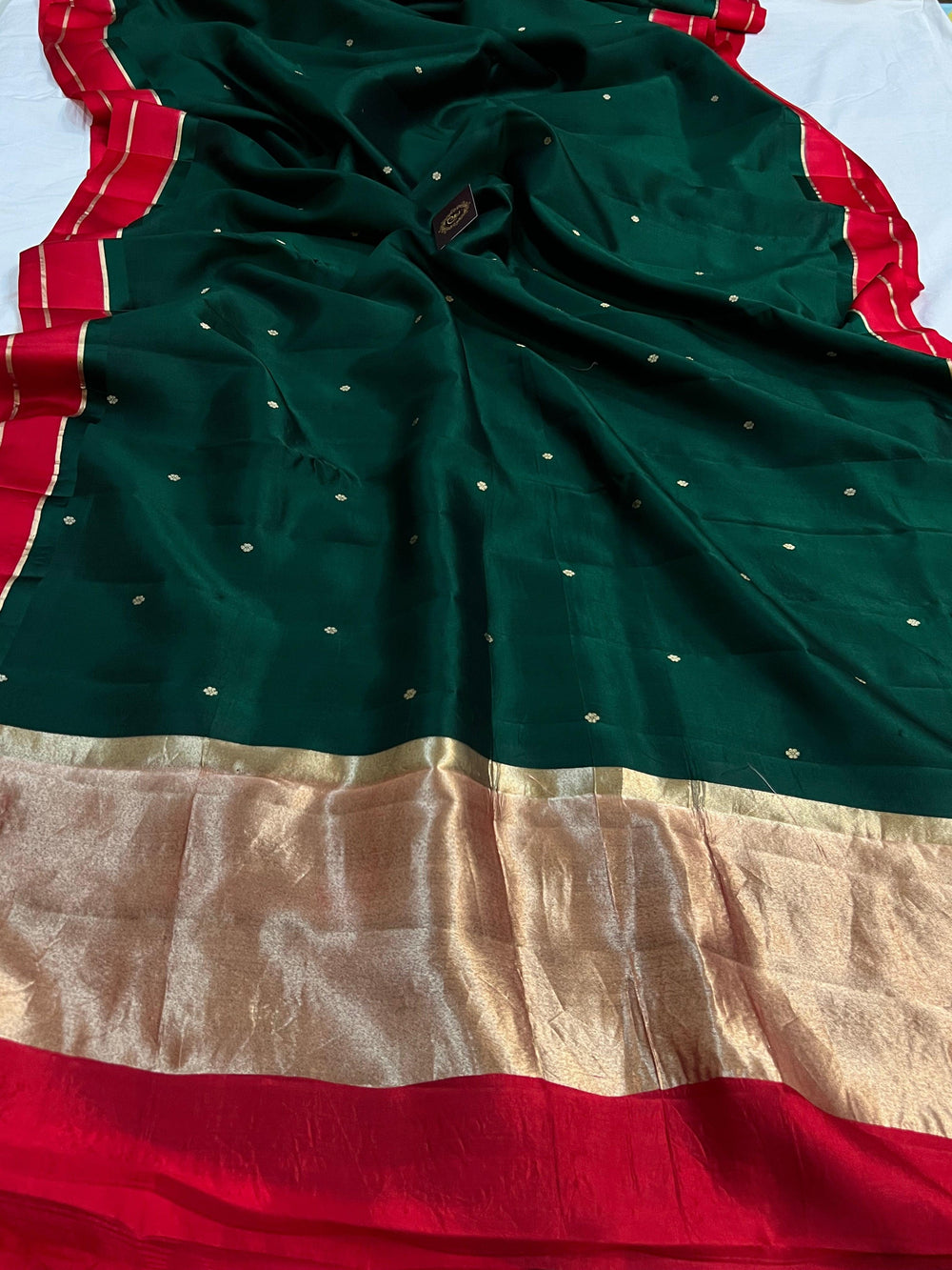 Bottle Green Pure Banarasi Handloom Silk Saree - Aura Benaras