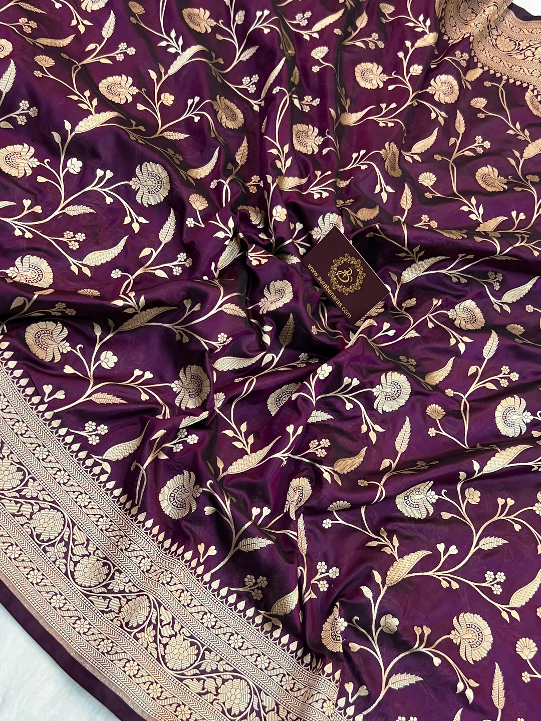 WIne Pure Katan Silk Handloom Saree with Golden Floral Jaal