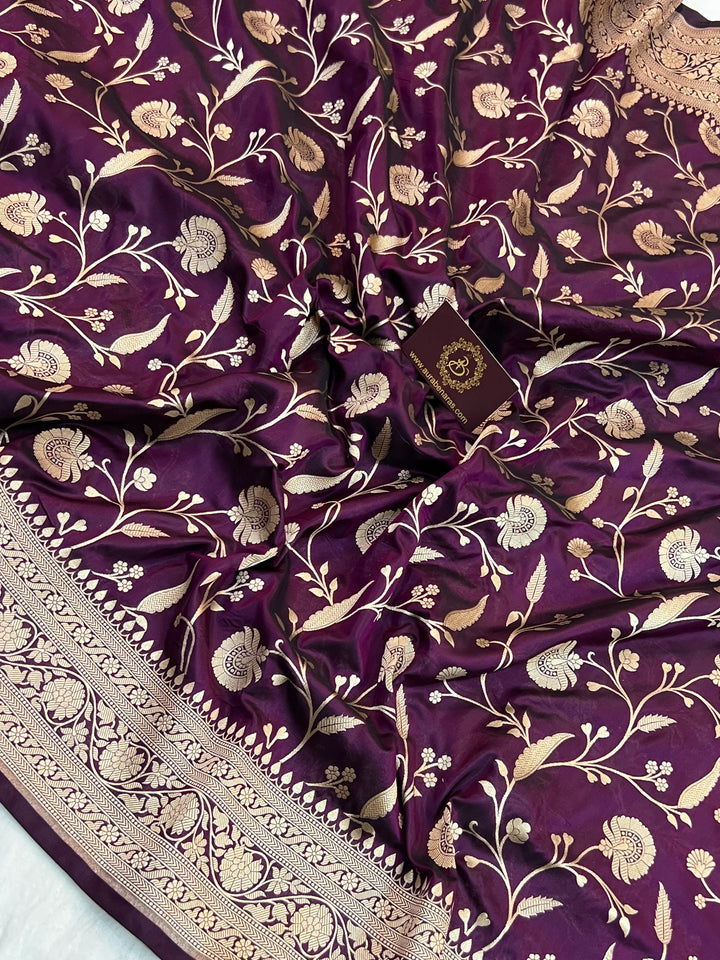 WIne Pure Katan Silk Handloom Saree with Golden Floral Jaal