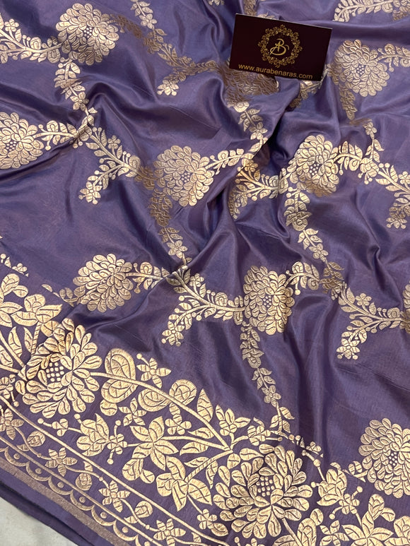 Greyish Lavender Pure Banarasi Handloom Katan Silk Saree - Aura Benaras