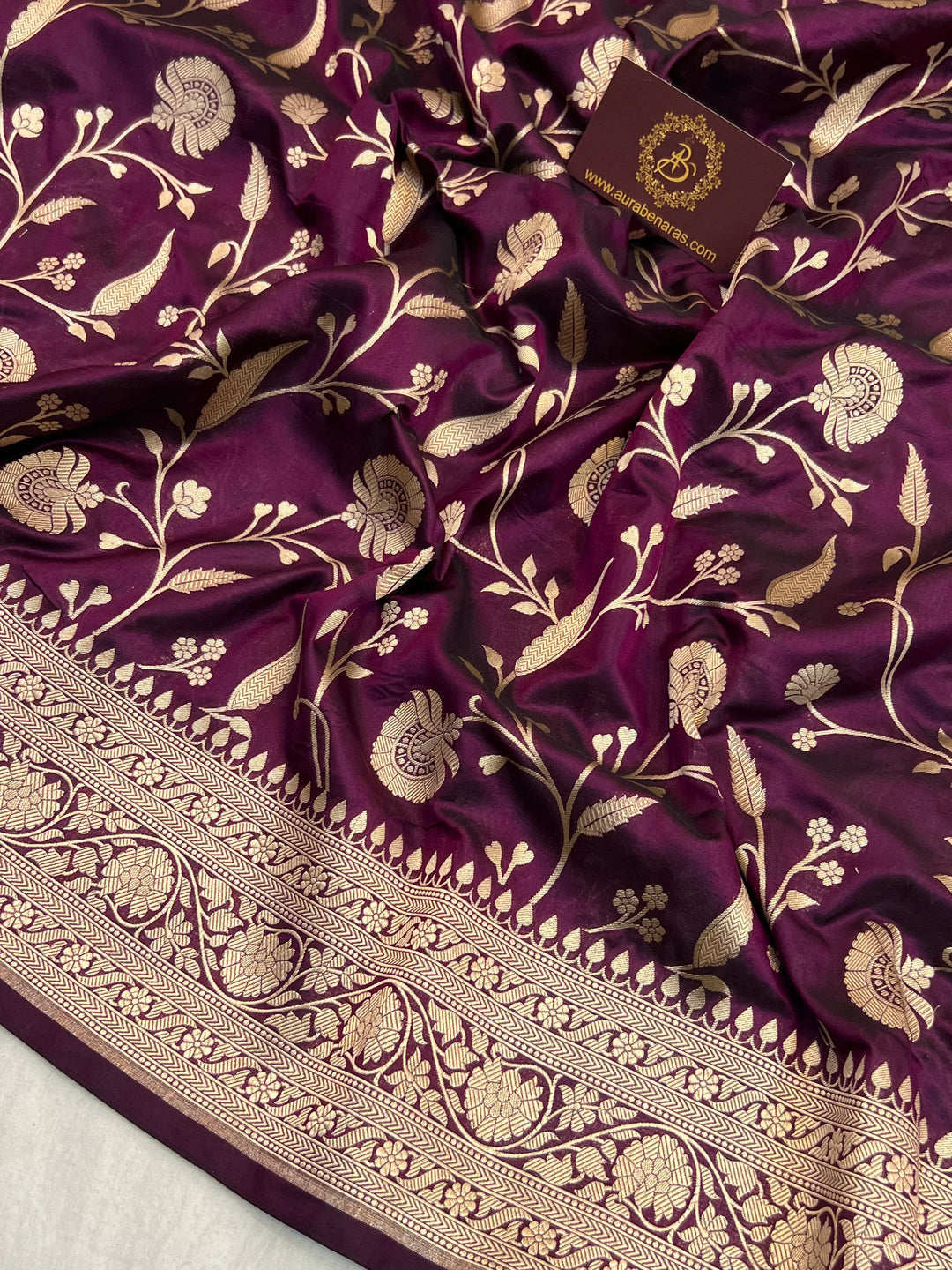 WIne Pure Katan Silk Handloom Saree with Golden Floral Jaal
