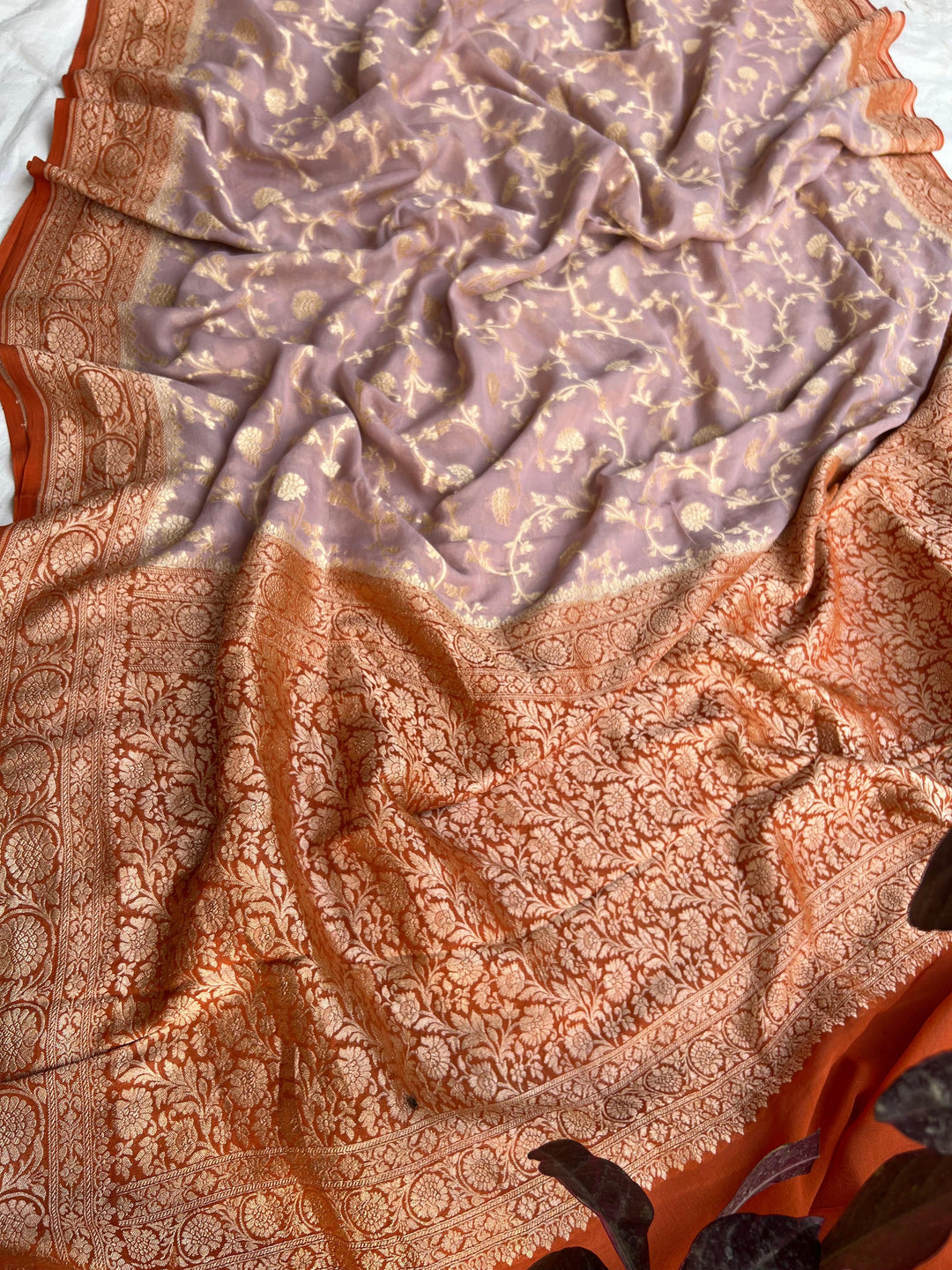 Dusty Peach Banarasi Handloom Pure Khaddi Georgette Saree - Aura Benaras