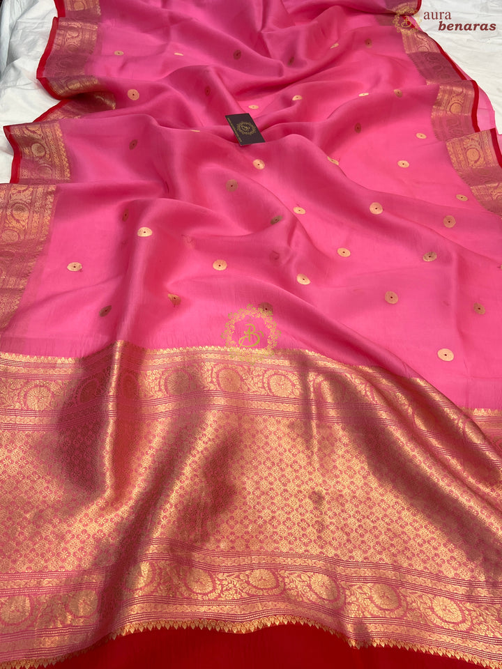 Bubblegum Pink Pure Kora Silk Handloom Banarasi Saree