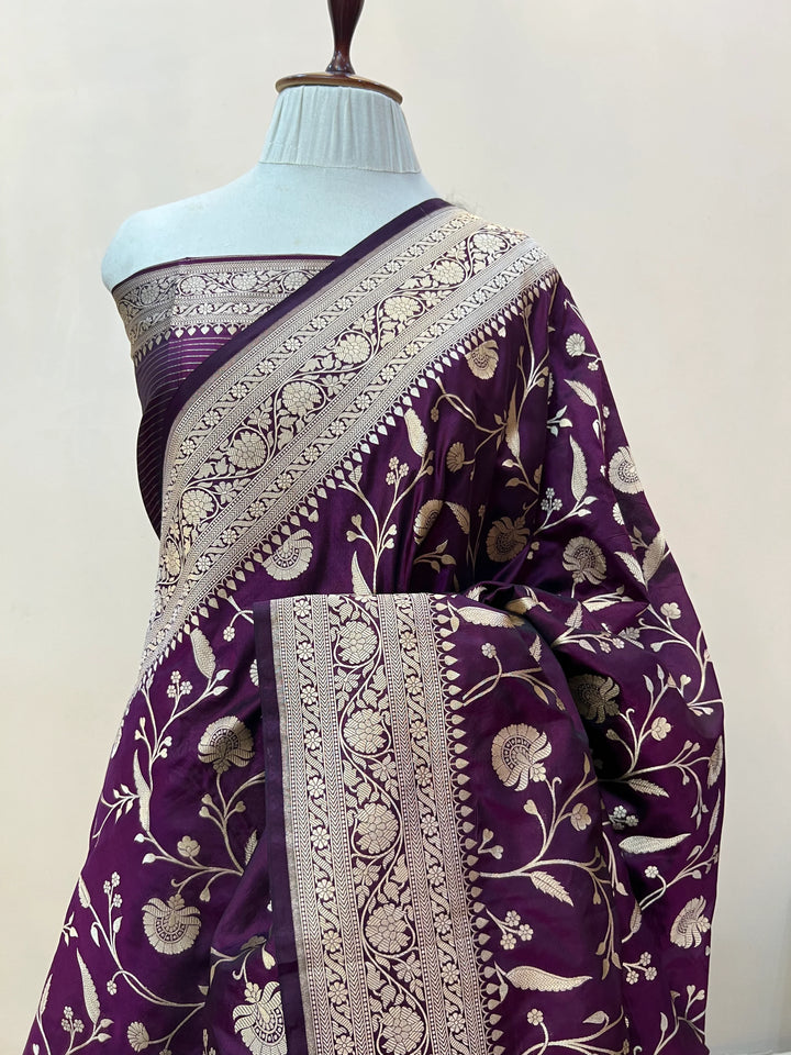 WIne Pure Katan Silk Handloom Saree with Golden Floral Jaal