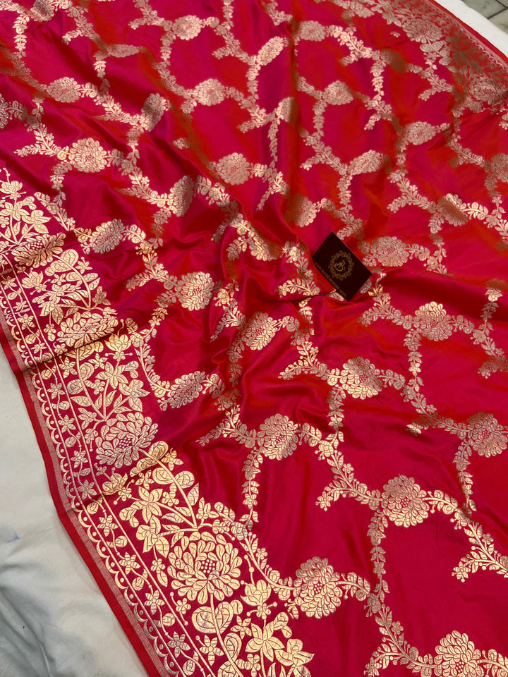 Pure Katan silk handloom saree draped with light golden zari floral jaal and elegant border