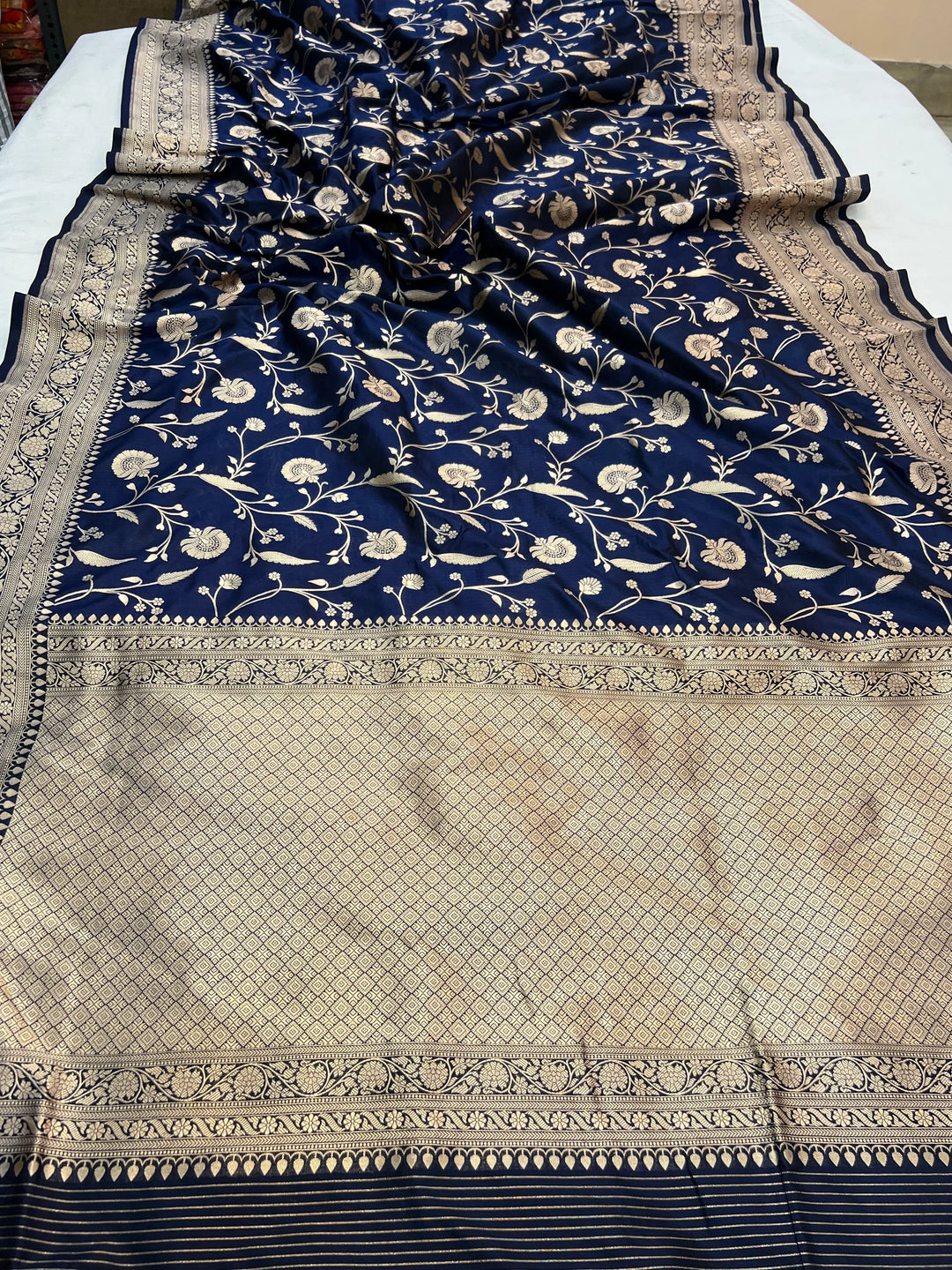 Navy Blue Pure Katan Silk Handloom Saree with Golden Floral Jaal