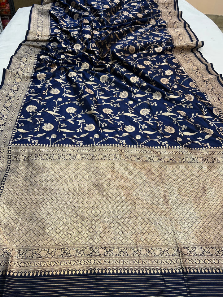 Navy Blue Pure Katan Silk Handloom Saree with Golden Floral Jaal