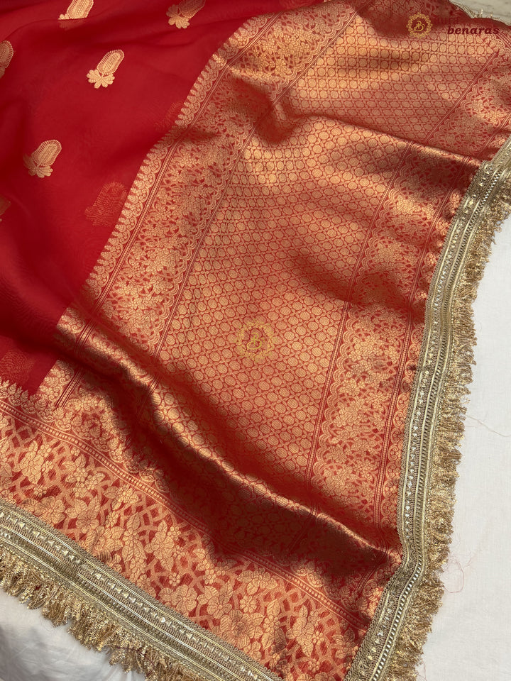 Red Pure Kora Silk Banarasi Saree with Sona Rupa Zari 