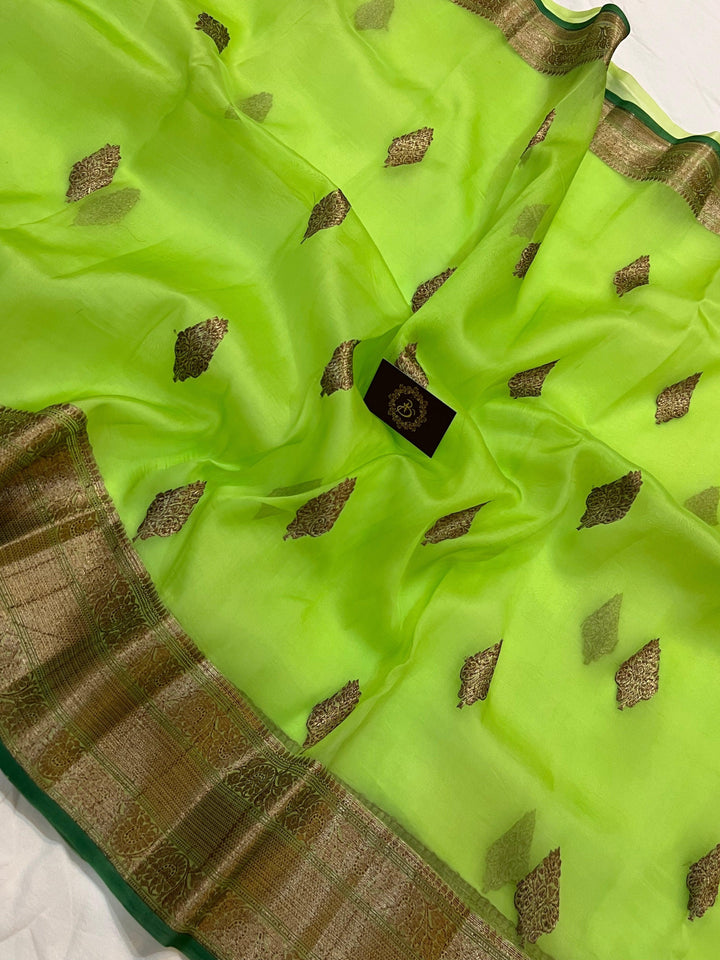 Pista Green Banarasi Handloom Kora Silk Saree - Aura Benaras