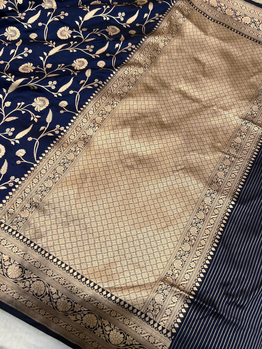 Navy Blue Pure Katan Silk Handloom Saree with Golden Floral Jaal