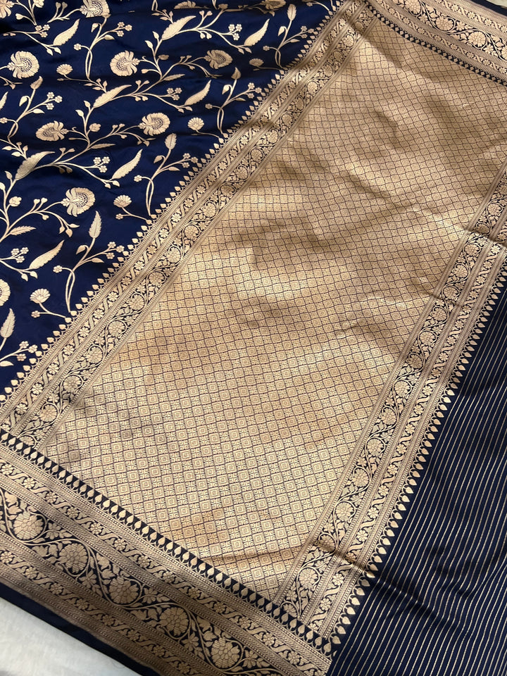 Navy Blue Pure Katan Silk Handloom Saree with Golden Floral Jaal