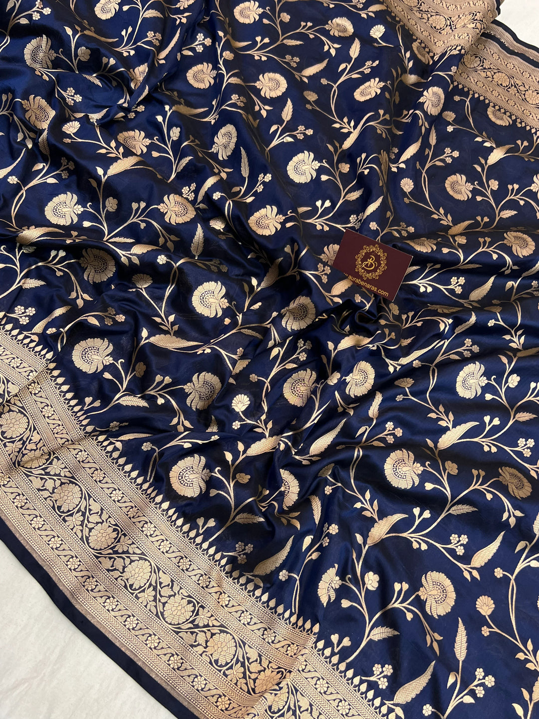 Navy Blue Pure Katan Silk Handloom Saree with Golden Floral Jaal